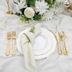 Liacere 350PCS Gold Plastic Plates-Disposable White and Gold Plates 50guest Baroque Plastic Dinnerware include 100Plates, 50Pack Pre Rolled Napkins with Silverware 50Cups for Wedding&Mother's Day