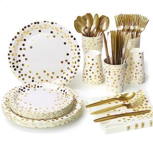 Party Supplies Set - 210 Pieces of White and Gold Dot Paper Plates, Cups, Napkins, and Heavy Duty Silverware for 30 Guests for Birthdays, Graduation, Wedding, Festivals