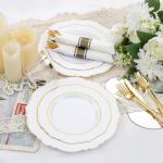 Liacere 350PCS Gold Plastic Plates-Disposable White and Gold Plates 50guest Baroque Plastic Dinnerware include 100Plates, 50Pack Pre Rolled Napkins with Silverware 50Cups for Wedding&Mother's Day