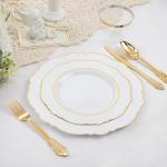 Liacere 350PCS Gold Plastic Plates-Disposable White and Gold Plates 50guest Baroque Plastic Dinnerware include 100Plates, 50Pack Pre Rolled Napkins with Silverware 50Cups for Wedding&Mother's Day