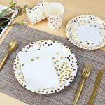 Party Supplies Set - 210 Pieces of White and Gold Dot Paper Plates, Cups, Napkins, and Heavy Duty Silverware for 30 Guests for Birthdays, Graduation, Wedding, Festivals