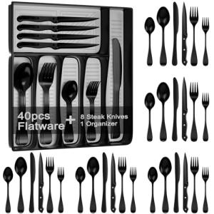 49piece Black Silverware Set with Organizer, Stainless Steel Flatware Set for 8 with Drawer Tray, Kitchen Tableware Service Cutlery Matte Steak Knives Fork Spoon for Home Restaurant Dishwasher Safe