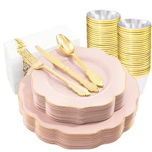 NOCCUR 175PCS Pink Plates with Gold Disposable Silverware - Include 50 Pink Plastic Plates,25 Knives,25 Forks,25 Spoons,25 Cups and 25 Napkins - Ideal for Wedding/Party