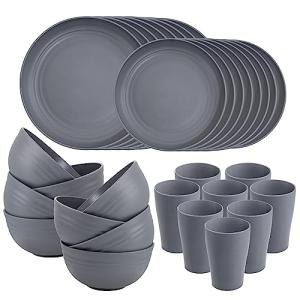 Supernal 32pcs Wheat Straw Dinnerware Sets,Unbreakable Dinnerware Sets for 8,Reusable Tableware,Dishes Set for 8,Plates and Bowls Set Dark Grey Include16pcs Plates, 8pcs Bowls, 8pcs Cups