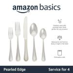 Amazon Basics Silverware Set, Stainless Steel Flatware, Dishwasher Safe, Service for 4, 20-Piece Forks and Spoons, Pearled Edge
