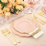 NOCCUR 175PCS Pink Plates with Gold Disposable Silverware - Include 50 Pink Plastic Plates,25 Knives,25 Forks,25 Spoons,25 Cups and 25 Napkins - Ideal for Wedding/Party