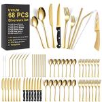 68-piece Gold Silverware Set with Steak Knife, Service for 8, Stainless Steel flatware Cutlery Set with Metal Straw Drinking Set, Mirror Polished Fork Spoon Knife Set Eating Utensils Tableware