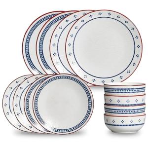 JODEVI 12-Piece Stoneware Dinnerware Set for 4, Geometric Vintage Plates & Bowls, Scratch-resistant Dishwasher & Microwave Safe Dishware, Modern Tableware Service for Everyday Use or Entertaining