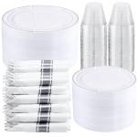 WELLIFE 350-Piece Silver Plastic Dinnerware Set - Disposable 10.25" Dinner Plates, 7.5" Dessert Plates, 9oz Silver Rim Cups & Cutlery for Weddings - 50 Guest Service - Elegant Disposable Silverware