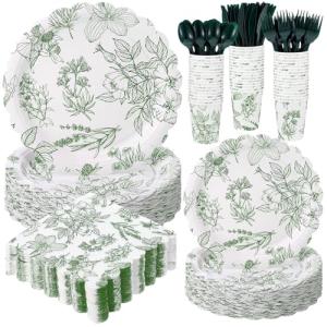 Havawish 400 Pcs Sage Green Disposable Tableware Set Greenery Floral Paper Plates Napkins Sage Serve Scalloped Plates Paper Napkins Cups Plastic Spoons Forks Knives for Wedding Tea Party Baby Shower