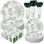 Havawish 400 Pcs Sage Green Disposable Tableware Set Greenery Floral Paper Plates Napkins Sage Serve Scalloped Plates Paper Napkins Cups Plastic Spoons Forks Knives for Wedding Tea Party Baby Shower
