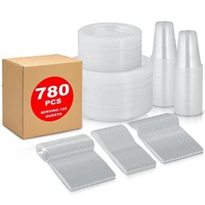 780 Piece Disposable Clear Tableware Set for 120 Guests By StockHomery- Microwavable Plastic Dinnerware Set of 120 9” Plates, 180 6” Dessert Plates, 120 9oz Cups,120 Spoons, Forks, Knives,
