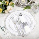 WELLIFE 350-Piece Silver Plastic Dinnerware Set - Disposable 10.25" Dinner Plates, 7.5" Dessert Plates, 9oz Silver Rim Cups & Cutlery for Weddings - 50 Guest Service - Elegant Disposable Silverware