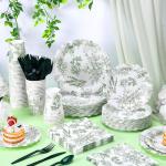 Havawish 400 Pcs Sage Green Disposable Tableware Set Greenery Floral Paper Plates Napkins Sage Serve Scalloped Plates Paper Napkins Cups Plastic Spoons Forks Knives for Wedding Tea Party Baby Shower