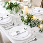 WELLIFE 350-Piece Silver Plastic Dinnerware Set - Disposable 10.25" Dinner Plates, 7.5" Dessert Plates, 9oz Silver Rim Cups & Cutlery for Weddings - 50 Guest Service - Elegant Disposable Silverware