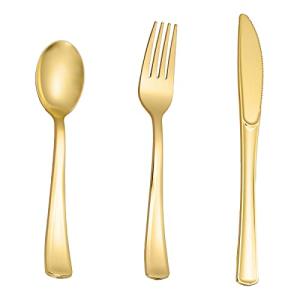N9R 160pcs Gold Plastic Silverware - Gold Plastic Utensils Set - Tableware Flatware Kit 80 Forks, 40 Spoons, 40 Knives Disposable Cutlery Set for Party, Wedding, Birthday