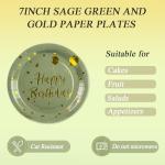 72PCS Happy Birthday Paper Plates - Sage Green and Gold Tableware Set Include 7Inch Paper Plates 6.5 Inch Napkins and 6.3 Inch Forks Disposable Decoration Supplies for Birthday Party,Serve 24