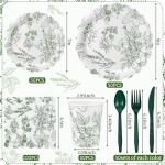 Havawish 400 Pcs Sage Green Disposable Tableware Set Greenery Floral Paper Plates Napkins Sage Serve Scalloped Plates Paper Napkins Cups Plastic Spoons Forks Knives for Wedding Tea Party Baby Shower