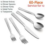 E-far 60-Piece Silverware Set, Hammered Stainless Steel Square Flatware Cutlery Set for 12, Tableware Set Eating Utensils for Home Kitchen Restaurant, Modern Design & Mirror Polished - Dishwasher Safe