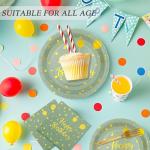 72PCS Happy Birthday Paper Plates - Sage Green and Gold Tableware Set Include 7Inch Paper Plates 6.5 Inch Napkins and 6.3 Inch Forks Disposable Decoration Supplies for Birthday Party,Serve 24