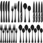 Astercook 24-Piece Black Silverware Set with Steak Knives Flatware Set for 4 Food-Grade Stainless Steel Cutlery Set Mirror Polished Utensils Set Include Spoons and Forks for Home Kitchen Restaurant