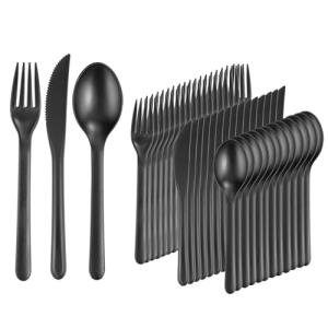 Supernal 180pcs Plastic Silverware Heavy Duty Matt Black Silverware Set Plastic Reusable Wheat Straw Cutlery Set Wheat Straw Reusable Spoon Knife Forks Set Tableware Dishwasher Microwave Safe