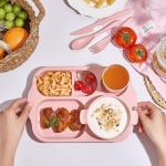 Hlukana 24 Pcs Wheat Straw Dinnerware Cutlery Set, Unbreakable Tableware Set, Including Kids Toddlers Divided Plates, Bowls, Cup, Cutlery Spoons Knifes Forks, BPA Free, Microwave Dishwasher Safe