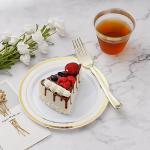 BESTVIP 600PCS Gold Dinnerware Set for 100 Guests, Plastic Plates for Party, 100 Gold Disposable Plates, 100 Dessert Plates, 100 Cups, 100 Spoons, 100 Forks and 100 Knives