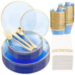 Rubtlamp 175 Pcs Plastic Dinnerware Set (25 Guests), Blue Disposable Plates With Gold Rim, Hammered Party Plates Set Include Dinner Platos, Dessert Platos, Cups, Cutlery And Napkins for Party
