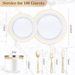BESTVIP 600PCS Gold Dinnerware Set for 100 Guests, Plastic Plates for Party, 100 Gold Disposable Plates, 100 Dessert Plates, 100 Cups, 100 Spoons, 100 Forks and 100 Knives
