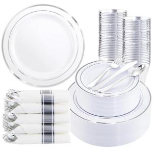 WDF Partyware 350Piece Silver Plastic Dinnerware Set for 50 Guests - Silver Plastic Plates with Cutlery Include:50Dinner Plates-50Dessert Plates-50Pre Rolled Napkins with Silverware