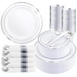 WDF Partyware 350Piece Silver Plastic Dinnerware Set for 50 Guests - Silver Plastic Plates with Cutlery Include:50Dinner Plates-50Dessert Plates-50Pre Rolled Napkins with Silverware