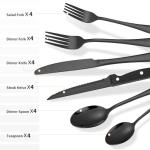 24-Piece Black Silverware Set with Steak Knives Black Stainless Steel Flatware Set for 4 Food Grade Tableware Cutlery Set Rust-proof, Mirror Polished, Dishwasher Safe