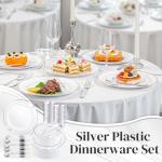 WDF Partyware 350Piece Silver Plastic Dinnerware Set for 50 Guests - Silver Plastic Plates with Cutlery Include:50Dinner Plates-50Dessert Plates-50Pre Rolled Napkins with Silverware