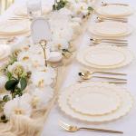 LIYH 60 Pcs Plastic Ivory and Gold Scalloped Plates - Disposable Fancy Combo Plates Includes 30 Dinner Plate 10.25" and 30 Dessert Plate 7.5" Plastic Heavy Weight Party Tableware Dishes