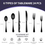 24-Piece Black Silverware Set with Steak Knives Black Stainless Steel Flatware Set for 4 Food Grade Tableware Cutlery Set Rust-proof, Mirror Polished, Dishwasher Safe