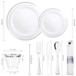 WDF Partyware 350Piece Silver Plastic Dinnerware Set for 50 Guests - Silver Plastic Plates with Cutlery Include:50Dinner Plates-50Dessert Plates-50Pre Rolled Napkins with Silverware