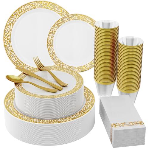 210 Count Gold Plastic Dinnerware, Gold Disposable Plates, Includes: 30 Dinner & 30 Dessert Plates & 30 Cups & 30 Paper Napkins & 30 Plastic Silverware Set