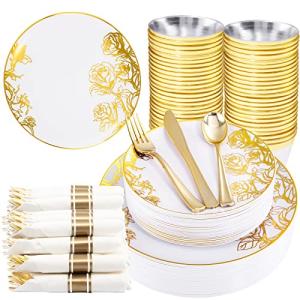 DaYammi 210Pcs White Gold Plastic Plates,Gold Disposable Dinnerware Set Includes 60 gold floral plates,30 plastic Silverware,30 Per Rolled Napkins,30 Plastic Cups for Party Wedding Birthday