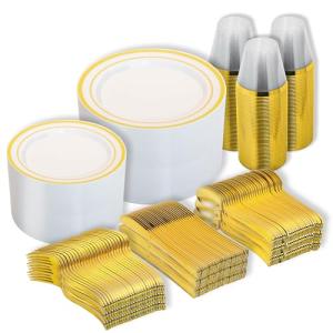 N9R 600PCS Disposable Plastic Plates, Gold Plastic Dinnerware Set Includes 100 Dinner Plates, Dessert Plate, Cups, Spoons, Forks, Knives for 100 Guests, Perfect for Party, Wedding, Birthday