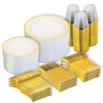 N9R 600PCS Disposable Plastic Plates, Gold Plastic Dinnerware Set Includes 100 Dinner Plates, Dessert Plate, Cups, Spoons, Forks, Knives for 100 Guests, Perfect for Party, Wedding, Birthday
