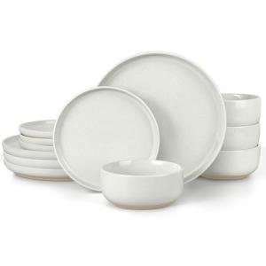 LIANYU Stoneware Dinnerware Sets for 4, 12 Piece Plates and Bowls Set, Kitchen Dining Dishware Tableware Dishes, Microwave & Dishwasher Safe, Snowy White