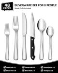 EUIRIO 48-Piece Silverware Set With Steak Knives, Heavy Duty Stainless Steel Flatware for 8, Food-Grade Tableware Cutlery, Utensils for Home Restaurant, Mirror Finish, Dishwasher Safe