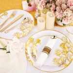 DaYammi 210Pcs White Gold Plastic Plates,Gold Disposable Dinnerware Set Includes 60 gold floral plates,30 plastic Silverware,30 Per Rolled Napkins,30 Plastic Cups for Party Wedding Birthday