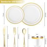 N9R 600PCS Disposable Plastic Plates, Gold Plastic Dinnerware Set Includes 100 Dinner Plates, Dessert Plate, Cups, Spoons, Forks, Knives for 100 Guests, Perfect for Party, Wedding, Birthday