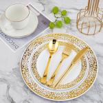 210 Count Gold Plastic Dinnerware, Gold Disposable Plates, Includes: 30 Dinner & 30 Dessert Plates & 30 Cups & 30 Paper Napkins & 30 Plastic Silverware Set