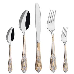 Silverware Set Limited Edition – 20 Piece Flatware Set – Cutlery Set for 4 – Silver Tableware Set w/Gold Accents – Great for Family Gatherings & Daily Use – Spoons, Knives, Teaspoons, Forks(Medallion)