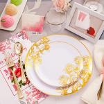 DaYammi 210Pcs White Gold Plastic Plates,Gold Disposable Dinnerware Set Includes 60 gold floral plates,30 plastic Silverware,30 Per Rolled Napkins,30 Plastic Cups for Party Wedding Birthday