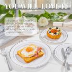 WDF Partyware 350Piece Silver Plastic Dinnerware Set for 50 Guests - Silver Plastic Plates with Cutlery Include:50Dinner Plates-50Dessert Plates-50Pre Rolled Napkins with Silverware