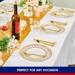 210 Count Gold Plastic Dinnerware, Gold Disposable Plates, Includes: 30 Dinner & 30 Dessert Plates & 30 Cups & 30 Paper Napkins & 30 Plastic Silverware Set